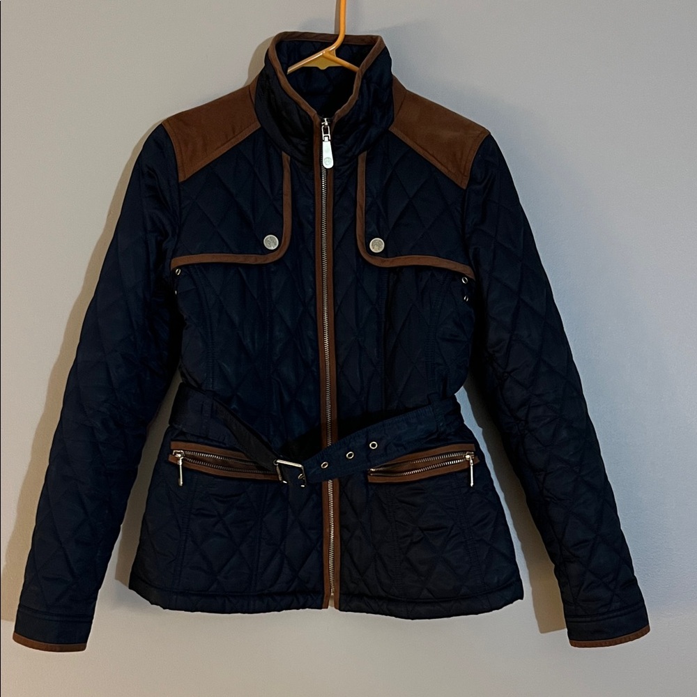 Vince Camuto Navy Quilted Utility Jacket with Brown Trim